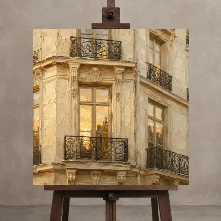 Golden Window Parisian Architecture Wall Art Canvas Print shown in Studio Easel