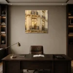 Golden Window Parisian Architecture Wall Art Canvas Print displayed in a contemporary gallery-inspired room