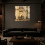 Golden Window Parisian Architecture Wall Art Canvas Print shown in a warm modern interior