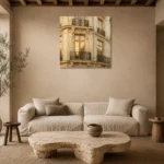 Golden Window Parisian Architecture Wall Art Canvas Print presented in a sophisticated home setting