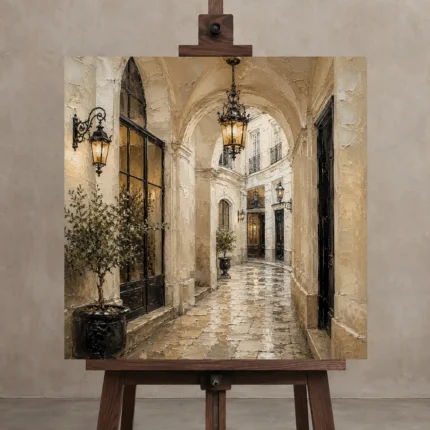 Lantern Passage Parisian Architecture Wall Art Canvas Print displayed on a studio easel