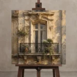 Botanical Balcony Parisian Architecture Wall Art Canvas Print displayed on a studio easel