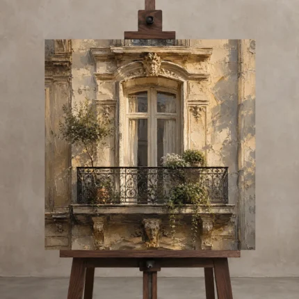 Botanical Balcony Parisian Architecture Wall Art Canvas Print shown in Studio Easel