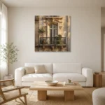 Botanical Balcony Parisian Architecture Wall Art Canvas Print styled in a refined neutral interior
