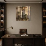 Botanical Balcony Parisian Architecture Wall Art Canvas Print displayed in a contemporary gallery-inspired room