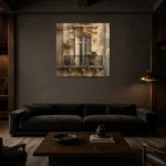 Botanical Balcony Parisian Architecture Wall Art Canvas Print shown in a warm modern interior