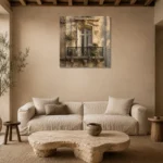 Botanical Balcony Parisian Architecture Wall Art Canvas Print presented in a sophisticated home setting