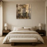 Botanical Balcony Parisian Architecture Wall Art Canvas Print showcased in an elegant minimalist interior