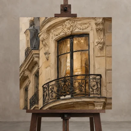 Ornate Window Parisian Architecture Wall Art Canvas Print displayed on a studio easel