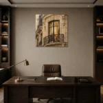 Ornate Window Parisian Architecture Wall Art Canvas Print displayed in a contemporary gallery-inspired room