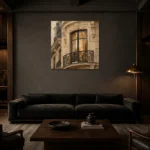 Ornate Window Parisian Architecture Wall Art Canvas Print shown in a warm modern interior