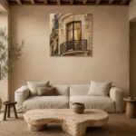 Ornate Window Parisian Architecture Wall Art Canvas Print presented in a sophisticated home setting