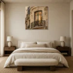 Ornate Window Parisian Architecture Wall Art Canvas Print showcased in an elegant minimalist interior