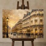 Golden Boulevard Parisian Architecture Wall Art Canvas Print displayed on a studio easel