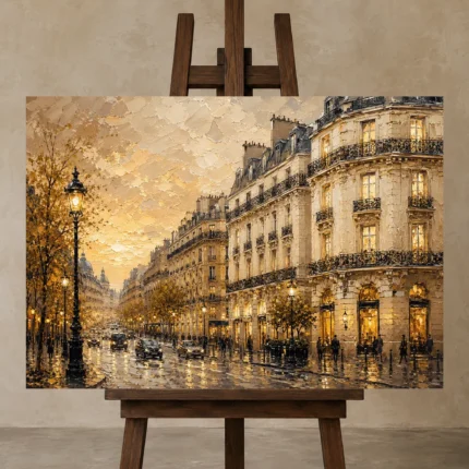 Golden Boulevard Parisian Architecture Wall Art Canvas Print shown in Studio Easel