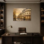 Golden Boulevard Parisian Architecture Wall Art Canvas Print displayed in a contemporary gallery-inspired room