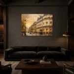 Golden Boulevard Parisian Architecture Wall Art Canvas Print shown in a warm modern interior