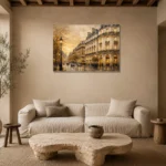 Golden Boulevard Parisian Architecture Wall Art Canvas Print presented in a sophisticated home setting