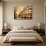 Golden Boulevard Parisian Architecture Wall Art Canvas Print showcased in an elegant minimalist interior