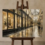 Covered Passage Parisian Architecture Wall Art Canvas Print displayed on a studio easel