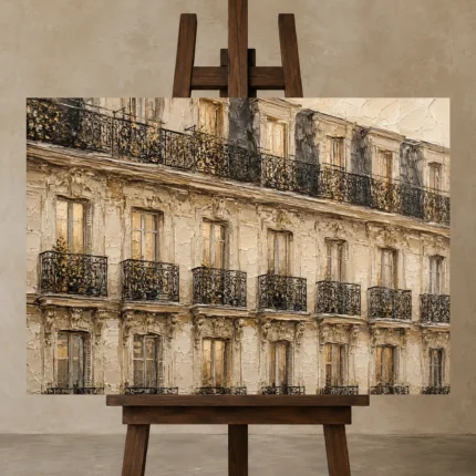 Haussmann Balcony Row Parisian Architecture Wall Art Canvas Print shown in Studio Easel