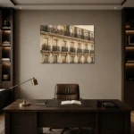Haussmann Balcony Row Parisian Architecture Wall Art Canvas Print displayed in a contemporary gallery-inspired room