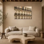 Haussmann Balcony Row Parisian Architecture Wall Art Canvas Print presented in a sophisticated home setting