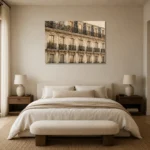 Haussmann Balcony Row Parisian Architecture Wall Art Canvas Print showcased in an elegant minimalist interior