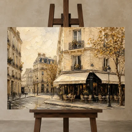 Paris Café Corner Parisian Architecture Wall Art Canvas Print displayed on a studio easel