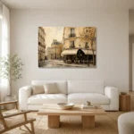 Paris Café Corner Parisian Architecture Wall Art Canvas Print styled in a refined neutral interior