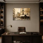 Paris Café Corner Parisian Architecture Wall Art Canvas Print displayed in a contemporary gallery-inspired room