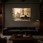 Paris Café Corner Parisian Architecture Wall Art Canvas Print shown in a warm modern interior
