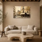 Paris Café Corner Parisian Architecture Wall Art Canvas Print presented in a sophisticated home setting