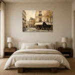 Paris Café Corner Parisian Architecture Wall Art Canvas Print showcased in an elegant minimalist interior
