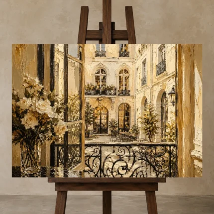 Rose Balcony Parisian Architecture Wall Art Canvas Print displayed on a studio easel