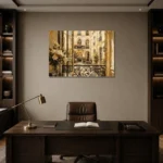 Rose Balcony Parisian Architecture Wall Art Canvas Print displayed in a contemporary gallery-inspired room