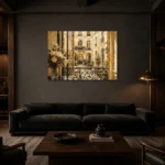 Rose Balcony Parisian Architecture Wall Art Canvas Print shown in a warm modern interior
