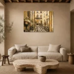 Rose Balcony Parisian Architecture Wall Art Canvas Print presented in a sophisticated home setting