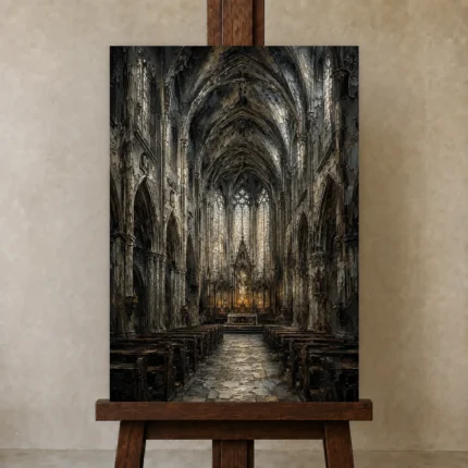 Cathedral Nave Gothic Architecture Wall Art Canvas Print shown in Studio Easel