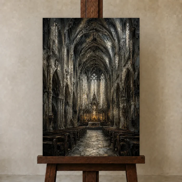 Cathedral Nave Gothic Architecture Wall Art Canvas Print displayed on a studio easel