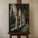 Cloister Arcade Gothic Architecture Wall Art Canvas Print displayed on a studio easel
