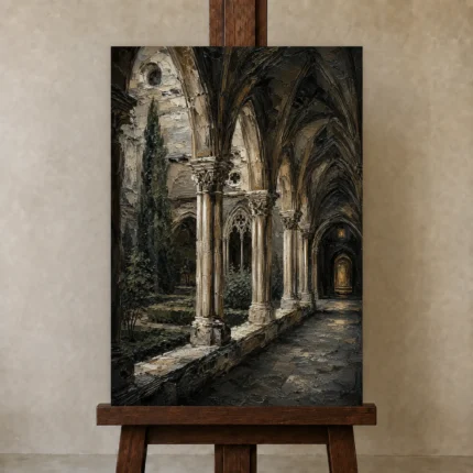 Cloister Arcade Gothic Architecture Wall Art Canvas Print shown in Studio Easel