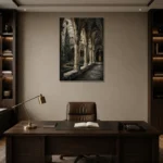 Cloister Arcade Gothic Architecture Wall Art Canvas Print displayed in a contemporary gallery-inspired room