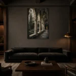 Cloister Arcade Gothic Architecture Wall Art Canvas Print shown in a warm modern interior