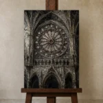 Rose Window Gothic Architecture Wall Art Canvas Print displayed on a studio easel