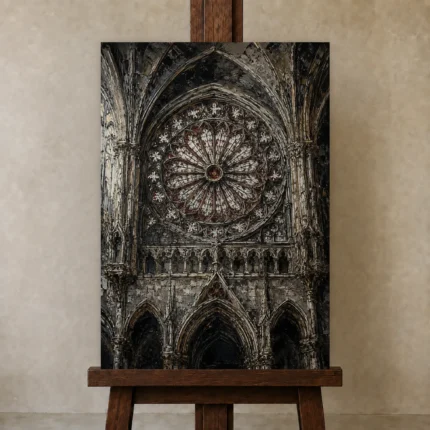 Rose Window Gothic Architecture Wall Art Canvas Print shown in Studio Easel