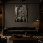 Rose Window Gothic Architecture Wall Art Canvas Print shown in a warm modern interior