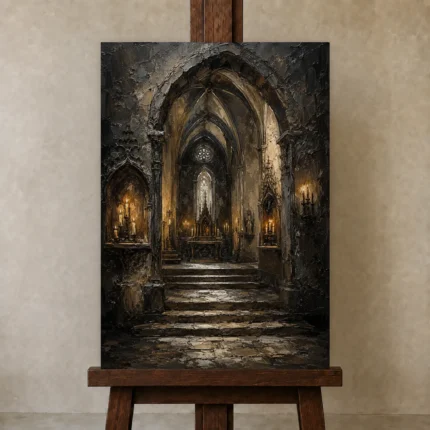 Candlelit Chapel Gothic Architecture Wall Art Canvas Print shown in Studio Easel