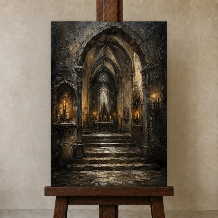 Candlelit Chapel Gothic Architecture Wall Art Canvas Print displayed on a studio easel