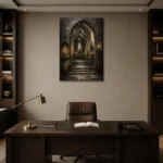 Candlelit Chapel Gothic Architecture Wall Art Canvas Print displayed in a contemporary gallery-inspired room